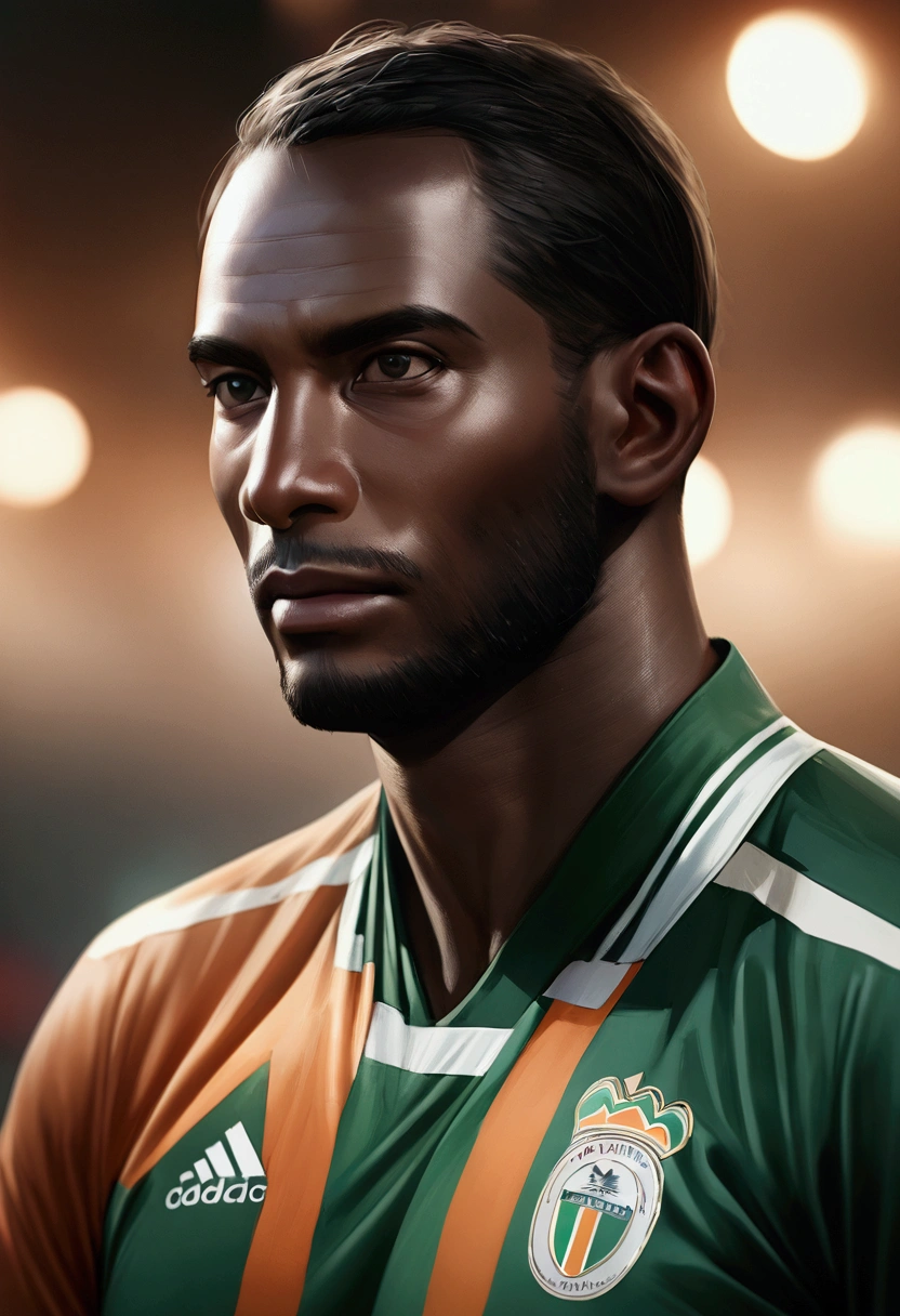 Illustrating the Ivory Coast Men's Team. Make sure the support in the background lights up, hyper realistic, lifelike texture