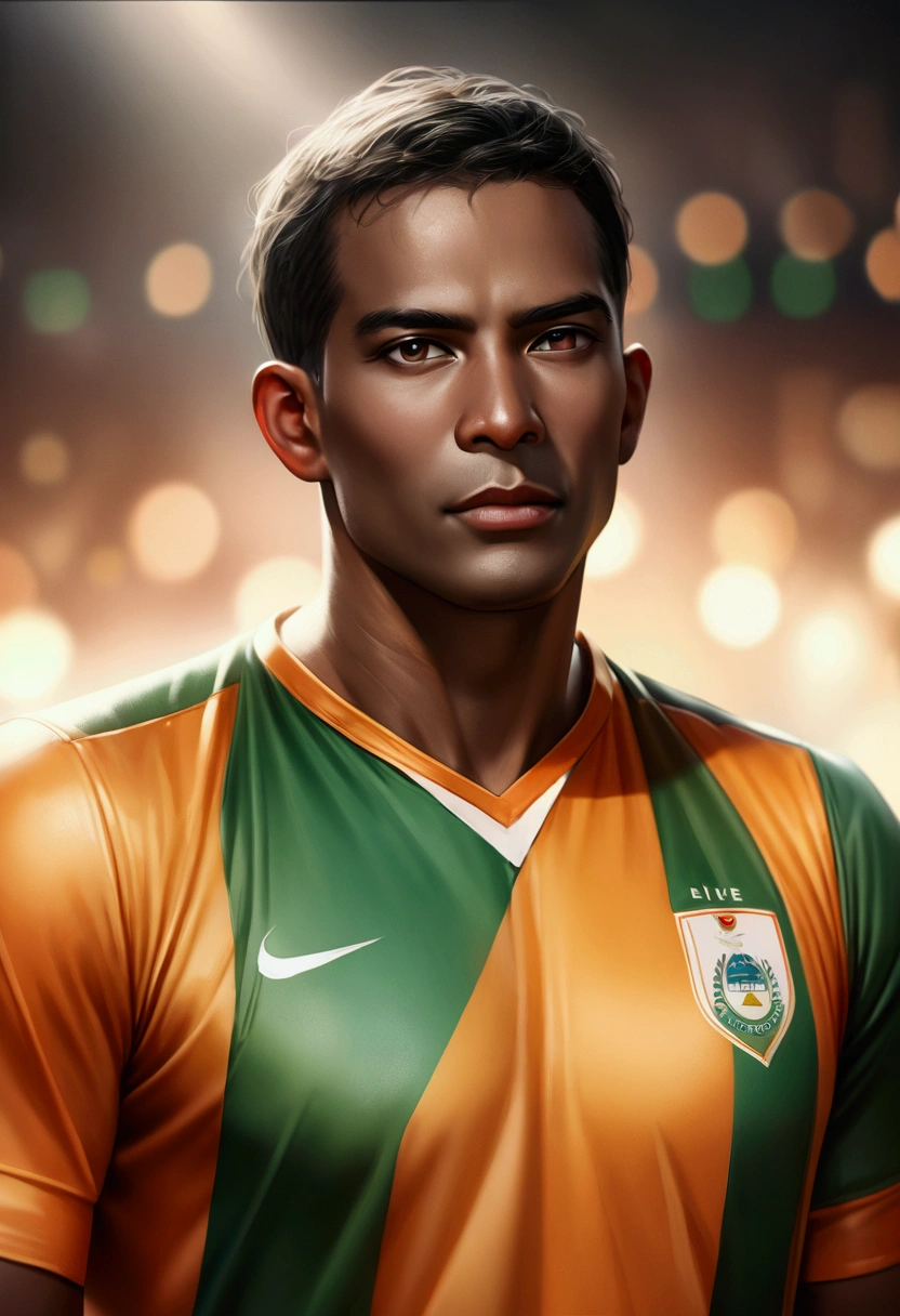 Illustrating the Ivory Coast Men's Team. Make sure the support in the background lights up,  hyper realistic, lifelike texture