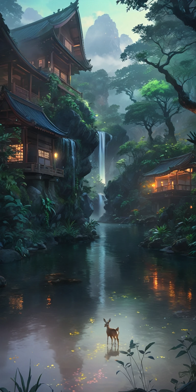 Chinese ancient times, spring, jungle, lake, cave, waterfall, tree, meadow, rock, deer, hot spring, water vapor, (illustration: 1.0), epic composition, realistic lighting, HD details, masterpiece, best quality, (very detailed CG unified 8k wallpaper), digital painting, location, location из игры, большая location, glowing effects in the background, fog in the foreground with glow effects, colorful, No characters, no characters, только location, cute style, anime style, night, nightю, night time, Night lighting