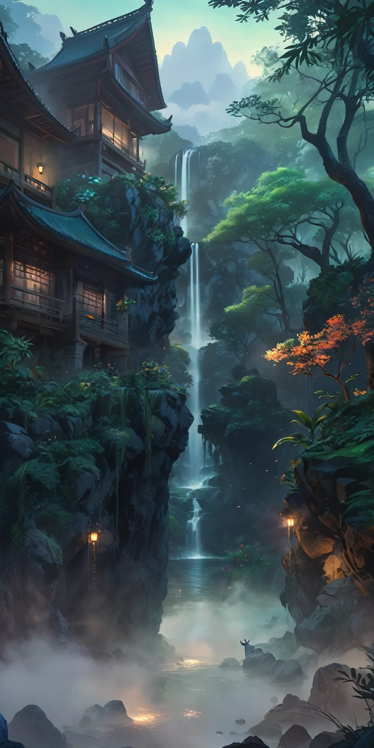 Chinese ancient times, spring, jungle, lake, cave, waterfall, tree, meadow, rock, deer, hot spring, water vapor, (illustration: 1.0), epic composition, realistic lighting, HD details, masterpiece, best quality, (very detailed CG unified 8k wallpaper), digital painting, location, location из игры, большая location, glowing effects in the background, fog in the foreground with glow effects, colorful, No characters, no characters, только location, cute style, anime style, night, nightю, night time, Night lighting