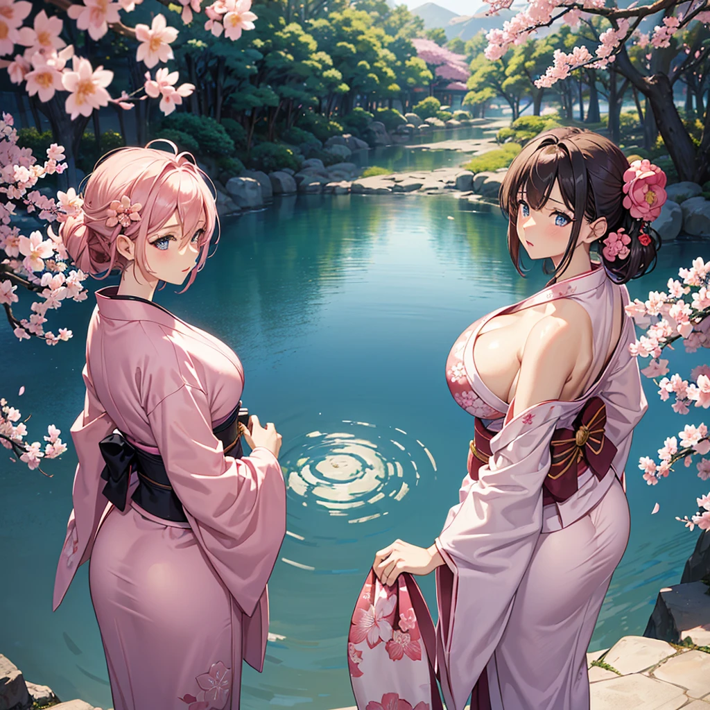 1 female, alone, Asymmetrical Hairstyles, Stylish hairstyle, Pink and々Hair color, hair ornaments, blue eyes, Dark brown skin, Large Breasts, Big Ass, Wide hips, She is wearing a pink yukata with a floral pattern, Pink theme, Japanese atmosphere, Japanese garden, cherry blossoms, cherry blossoms木