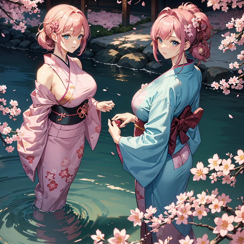 1 female, alone, Asymmetrical Hairstyles, Stylish hairstyle, Pink and々Hair color, hair ornaments, blue eyes, Dark brown skin, Large Breasts, Big Ass, Wide hips, She is wearing a pink yukata with a floral pattern, Pink theme, Japanese atmosphere, Japanese garden, cherry blossoms, cherry blossoms木