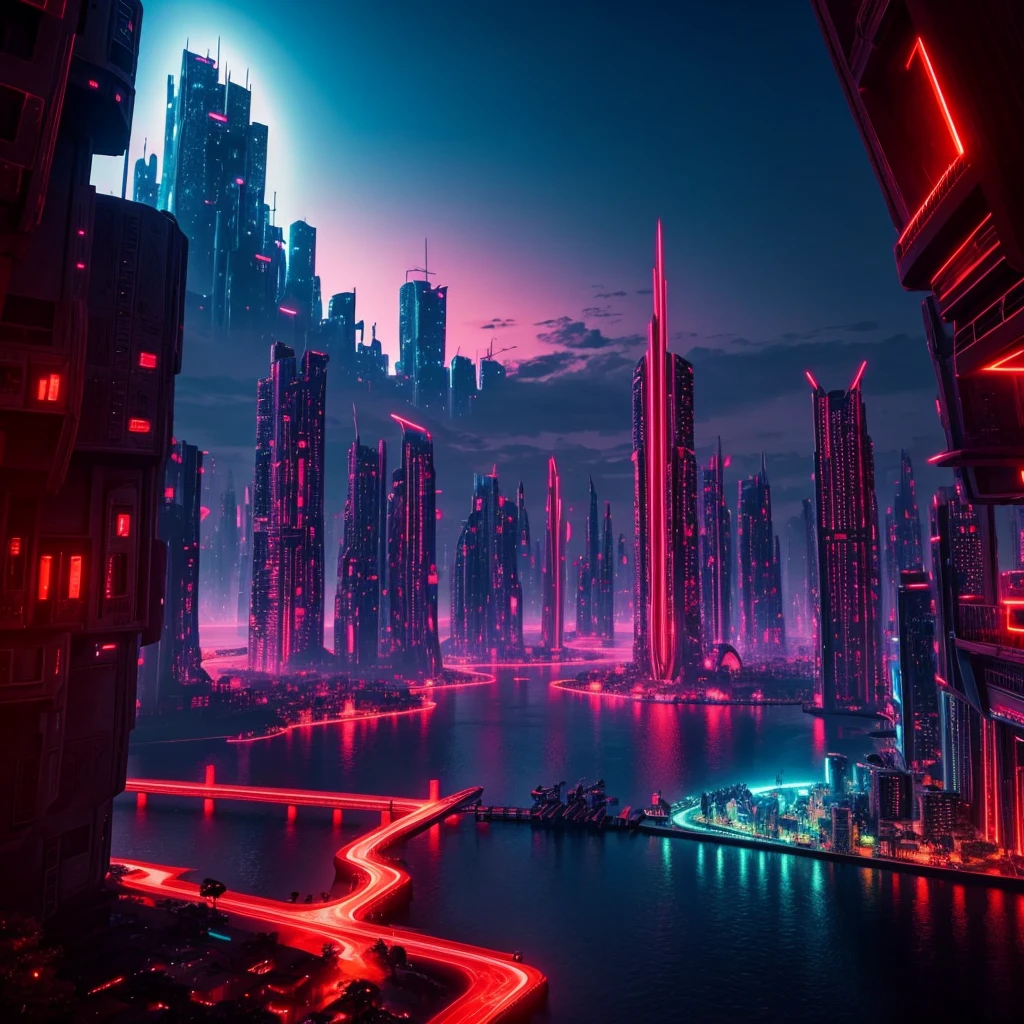 makes an image of a fantasy and futuristic city with red lighting but that looks like a city taken from paradise itself