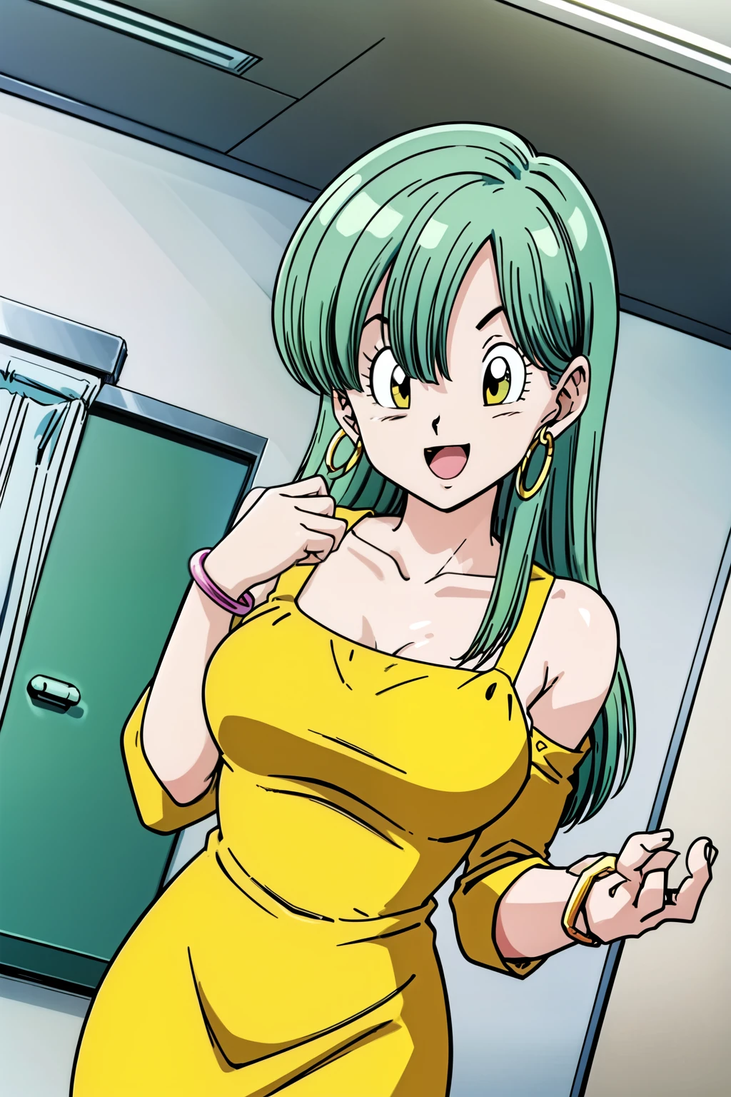 Buu Saga, Bloomers, One girl, alone, View your viewers, Semi-long hair, Brown eyes, From above at an angle, Holding, jewelry, Upper Body, Green Hair, No sleeve, indoor, bracelet, clock, hoop earrings, Yellow dress, smile, Open your mouth, Happy, lucky, wristclock