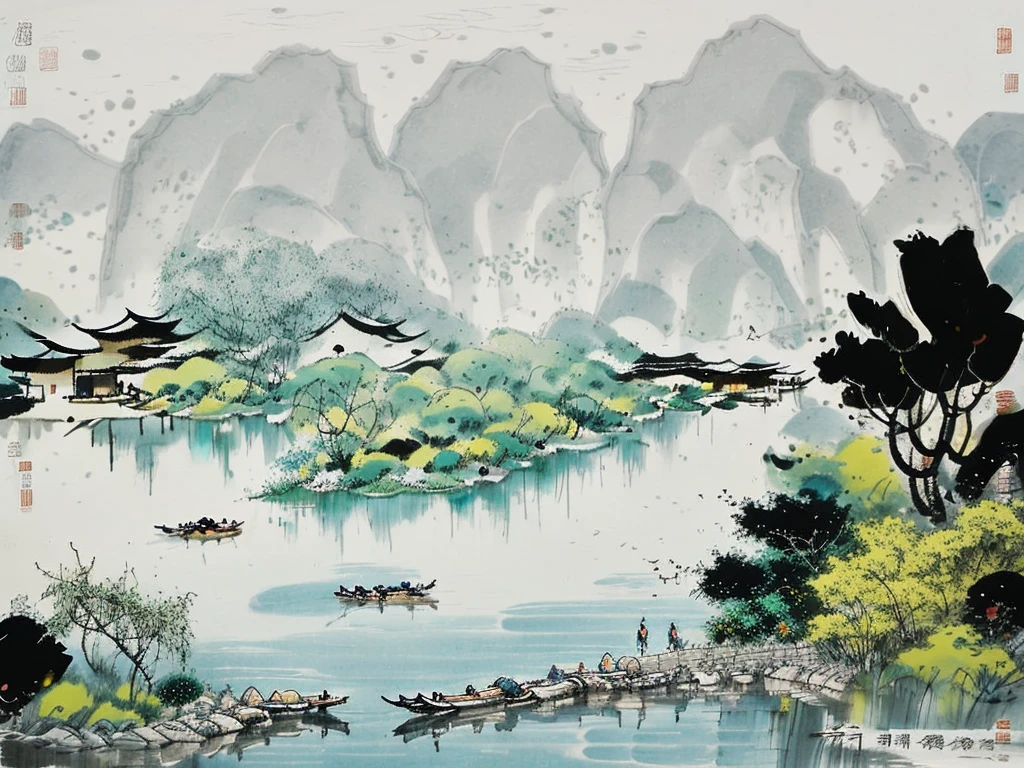 Pavilion by the water，Rich in artistic conception，Ink Painting，Chinese painting，Chinese pavilion，willow，Quiet，The plants are dense