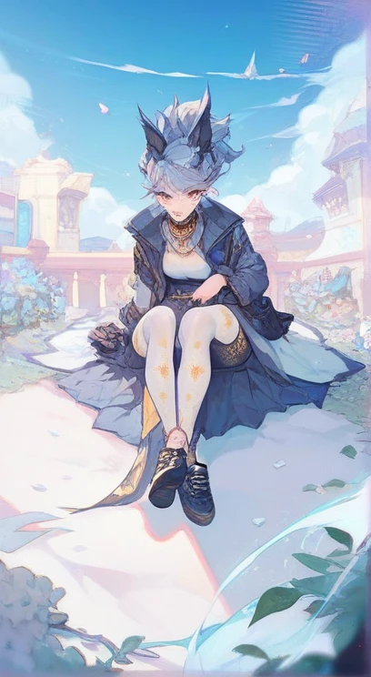 wearing a white turtleneck, with a golden collar; dark gray leggings; wearing black sleepers with gold details;