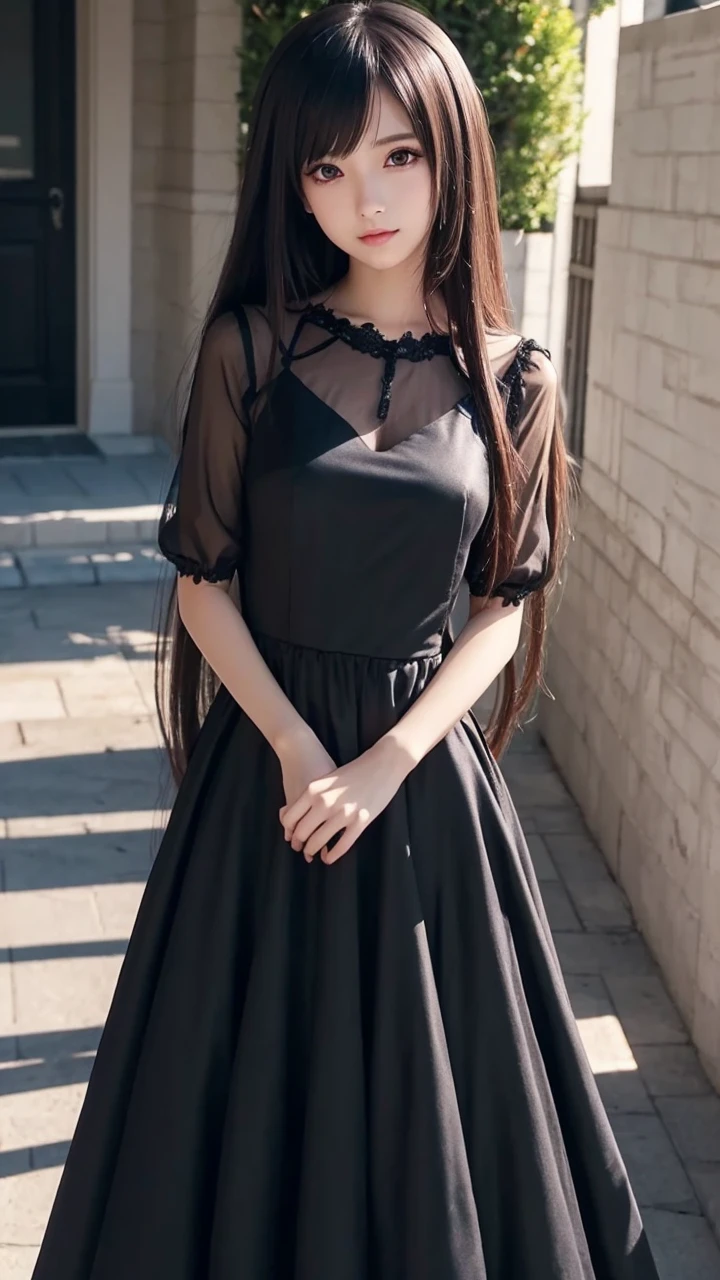Anime Girls with long hair and a black dress posing for a picture, sayori, Cute girl anime visuals, Anime Moe Art Style, , sheer glossy black dress, pretty Anime Girls, (Anime Girls), cute Anime Girls, Cute anime waifu in a nice dress, attractive Anime Girls, beautiful Anime Girls, Also, Smooth anime CG art