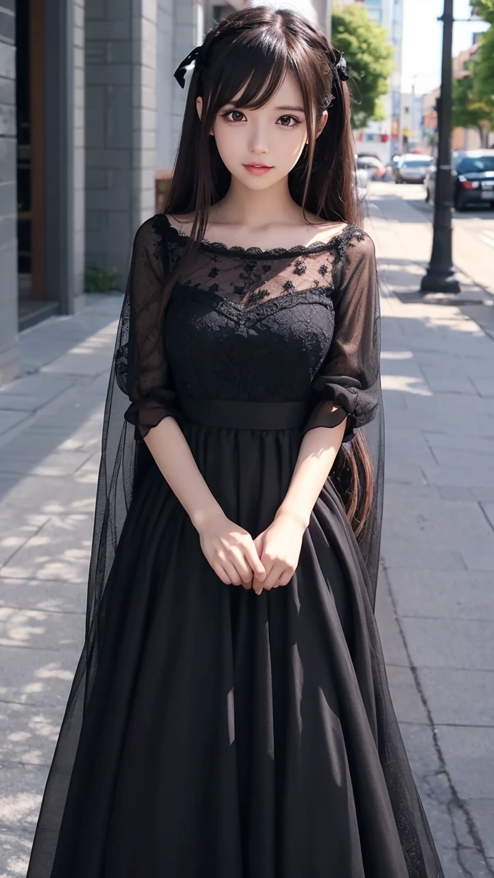 Anime Girls with long hair and a black dress posing for a picture, sayori, Cute girl anime visuals, Anime Moe Art Style, , sheer glossy black dress, pretty Anime Girls, (Anime Girls), cute Anime Girls, Cute anime waifu in a nice dress, attractive Anime Girls, beautiful Anime Girls, Also, Smooth anime CG art