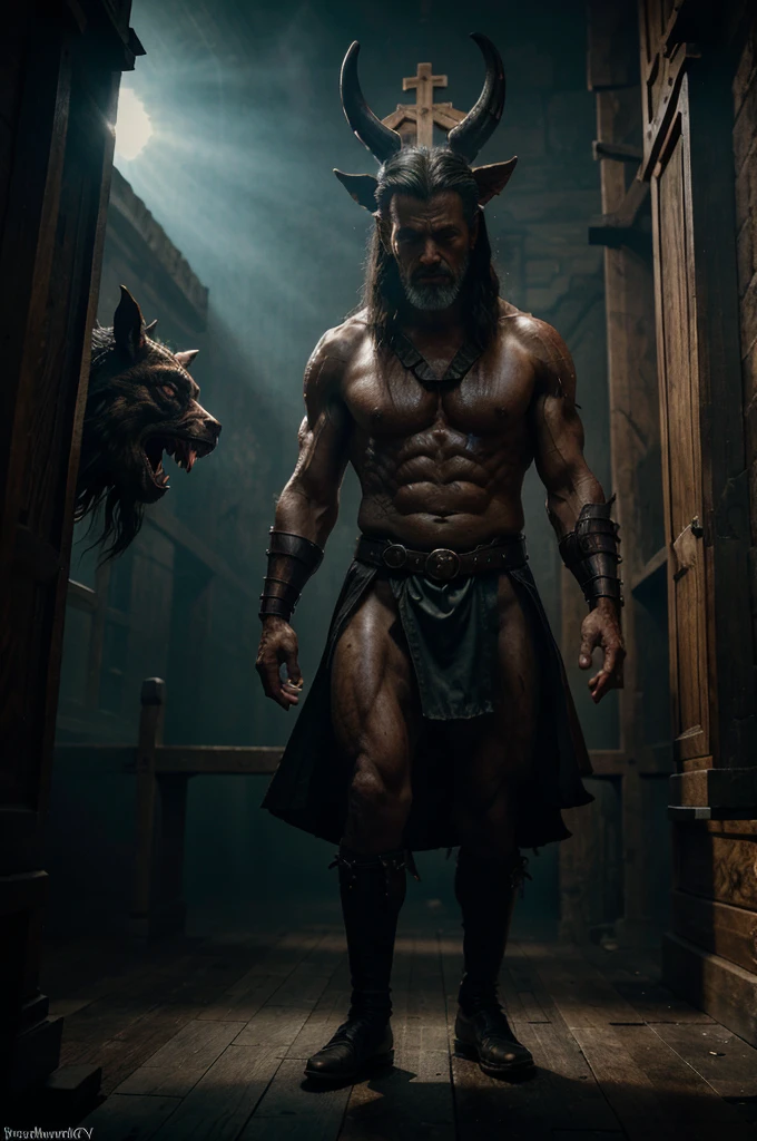 a elderly priest standing on top of a wooden church, fighting a giant hybrid creature of a centaur, cerberus, and demon, highly detailed, cinematic, dramatic lighting, epic fantasy, dark fantasy, chiaroscuro, moody, dramatic, photorealistic, 8k, hyper detailed, intricate, ultra-realistic, masterpiece, award winning