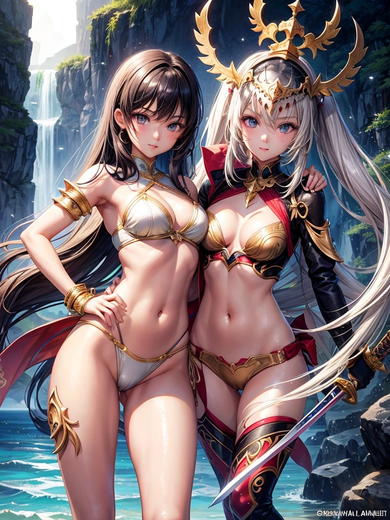 Beautiful Asian girl, 18 years old, light bikini knight girls, sexy lady, medium breasts, camel toe, long sword,