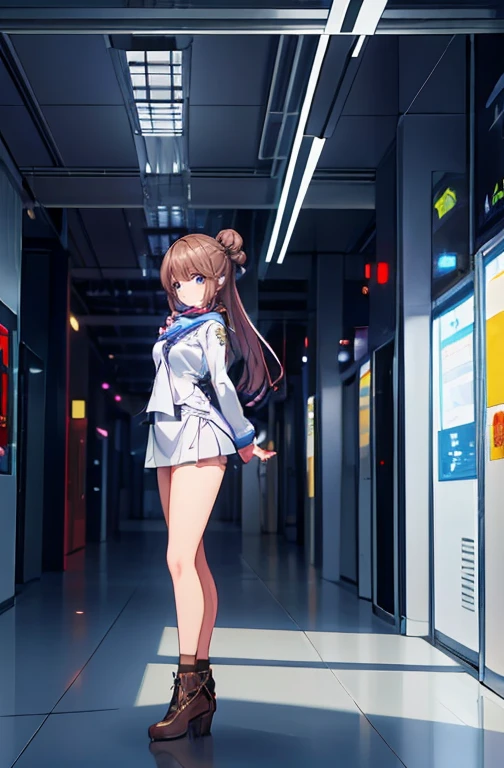(work of art:1.2、highest quallity:1.2)、32k HDR、high resolution、(standing alone、1 girl、slender figure)、（Realistic style with Starlux Airlines uniform）、 (in the airport lobby, professional lighting)、A suitable woman, beautiful  face,、（Starlux Airlines silver uniform:1.4）、（半袖のStarlux Airlines silver uniform）、（chest scarf）、breasts big、（long hair updo、hair bun）、dark brown hair、Long shot、（（fine hand：2.0））、（（Harmonious body proportions：1.5））、（（normal limbs：2.0））、（（normal finger：2.0））、（（Delicate Eyes：2.0））、（（normal eyes：2.0））)、Beautiful standing posture、ssmile