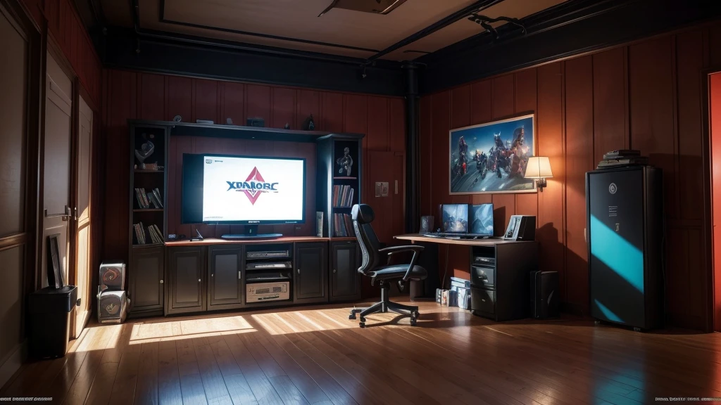 front view of a gloomy room that looks like a professional gamer workshop bench, There are no chairs or sofas in the room. The red light on one of the walls of the room with three fluorescent lamps protected by a lattice box is the clear bluish light on the other side of the walls, illuminate . Various frames, and a vertical frame, from classic game posters to fan-made art, adornam as paredes, telling stories of heroes and villains. In the corner of the room, a robust benches form a "L", ready to receive your equipment, PCs with multiple 32-inch widescreens dominate the scene, boasting powerful graphics cards with rgb lighting and impeccable settings. . On a shelf next to, an enviable collection of games and video game consoles. From Atari classics to PlayStation 5 and Xbox Series Xs, you will find titles for all tastes and styles.