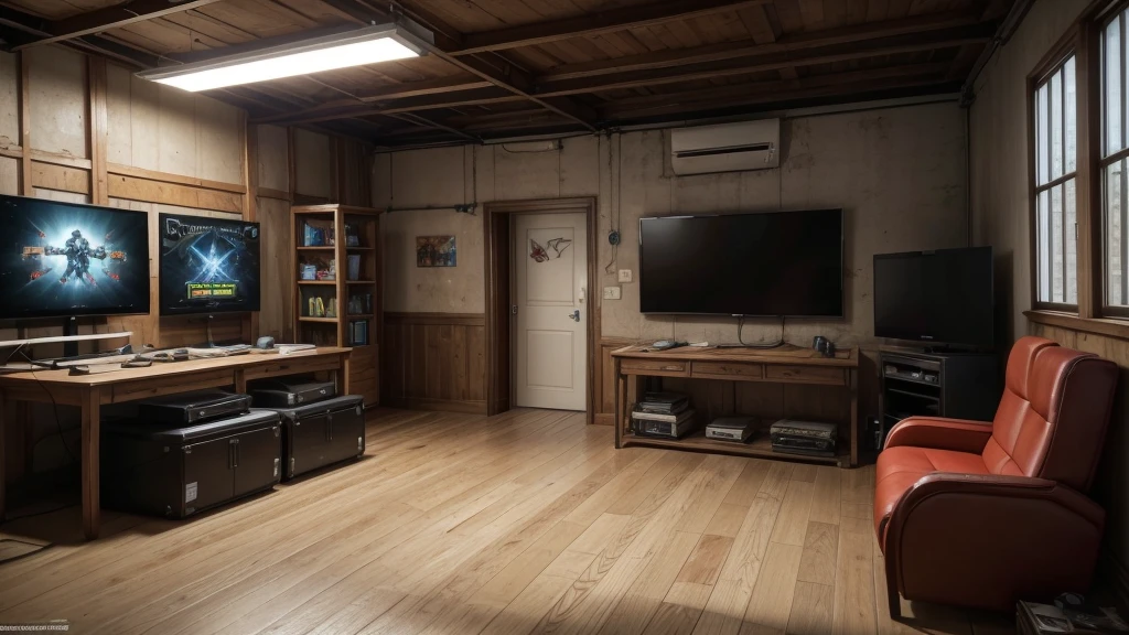 front view of a gloomy room that looks like a professional gamer workshop bench, There are no chairs or sofas in the room. The red light on one of the walls of the room with three fluorescent lamps protected by a lattice box is the clear bluish light on the other side of the walls, illuminate . Various frames, and a vertical frame, from classic game posters to fan-made art, adornam as paredes, telling stories of heroes and villains. In the corner of the room, a robust benches form a "L", ready to receive your equipment, PCs with multiple 32-inch widescreens dominate the scene, boasting powerful graphics cards with rgb lighting and impeccable settings. . On a shelf next to, an enviable collection of games and video game consoles. From Atari classics to PlayStation 5 and Xbox Series Xs, you will find titles for all tastes and styles.