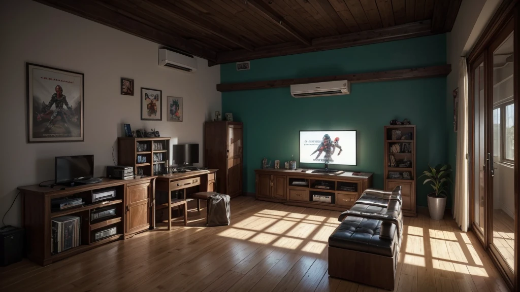 front view of a gloomy room that looks like a professional gamer workshop bench, There are no chairs or sofas in the room. The red light on one of the walls of the room with three fluorescent lamps protected by a lattice box is the clear bluish light on the other side of the walls, illuminate . Various frames, and a vertical frame, from classic game posters to fan-made art, adornam as paredes, telling stories of heroes and villains. In the corner of the room, a robust benches form a "L", ready to receive your equipment, PCs with multiple 32-inch widescreens dominate the scene, boasting powerful graphics cards with rgb lighting and impeccable settings. . On a shelf next to, an enviable collection of games and video game consoles. From Atari classics to PlayStation 5 and Xbox Series Xs, you will find titles for all tastes and styles.