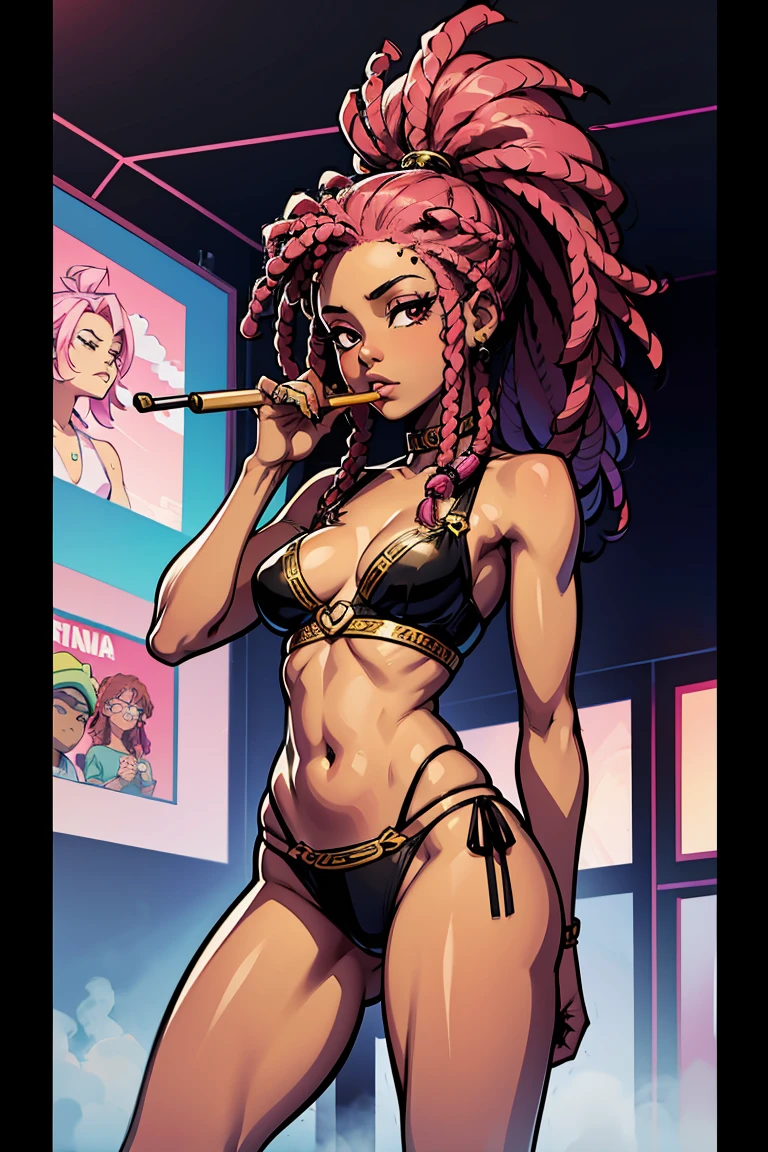 a beautiful black pinuo with pink hair standing in the center of the image with a reggae style scene, she has dreadlocks in her hair and is smoking marijuana in the scene,