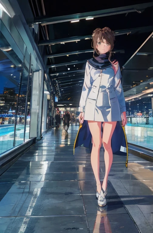(work of art:1.2、highest quallity:1.2)、32k HDR、high resolution、(standing alone、1 girl、slender figure)、（Realistic style with Starlux Airlines uniform）、 (in the airport lobby, professional lighting)、A suitable woman, beautiful  face,、（Starlux Airlines silver uniform:1.4）、（半袖のStarlux Airlines silver uniform）、（chest scarf）、breasts big、（long hair updo、hair bun）、dark brown hair、Long shot、（（fine hand：2.0））、（（Harmonious body proportions：1.5））、（（normal limbs：2.0））、（（normal finger：2.0））、（（Delicate Eyes：2.0））、（（normal eyes：2.0））)、Beautiful standing posture、ssmile