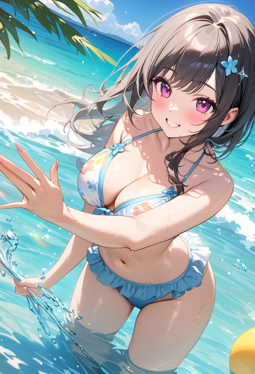 (pov sexy swimsuit style) (beautiful body), (solo:2, 18 yo, straight black hair very long hair cool sadist girl, sexy closed eyes, glossy lip, love smile, open mouth, big tits), (in a Layered frills cute Off-the-shoulder bikini swimsuit), break, in the contest venue, BREAK, perfect anatomy, masterpiece, best quality, 16k, beautiful detailed water, sexy, daydreaming expression.