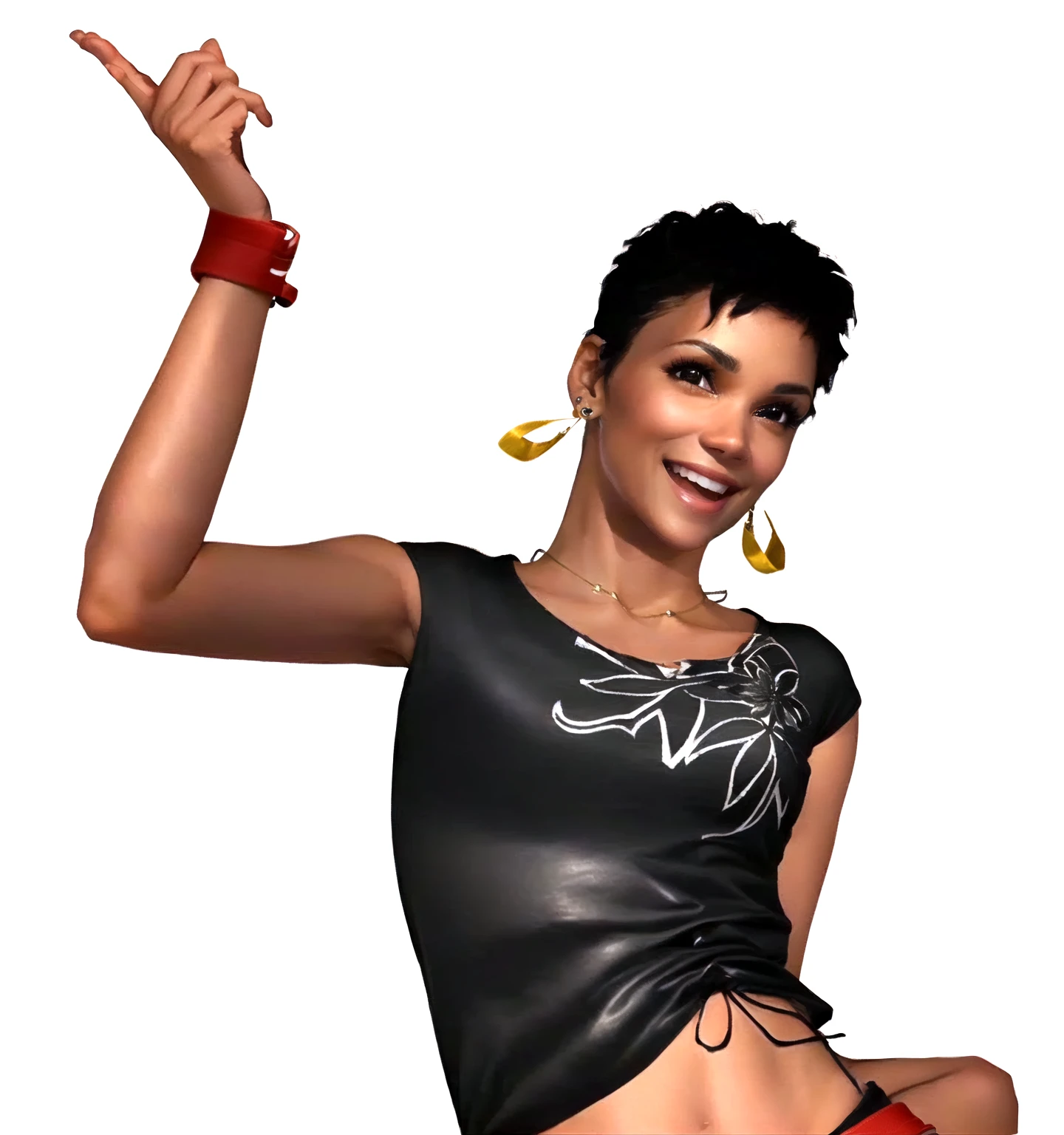 she's black, black hair, dark brown eyes, (eyes turned to look at the camera), swedish, as a character in Out Run 2, of SEGA, 3D CG from the 2000s, Holly, 2k, 2 k, ((smiling face)), realistic, render of halle berry, fighting game character, nina from tekken, bright clean face, from devil may cry, wide open curious eyes, carefree pose, black leather shirt with black and white flower art on it, simple golden necklace and earrings, right index finger up, red belt, red wristband, overjoyed expression, open mouth as to say "yeah!"