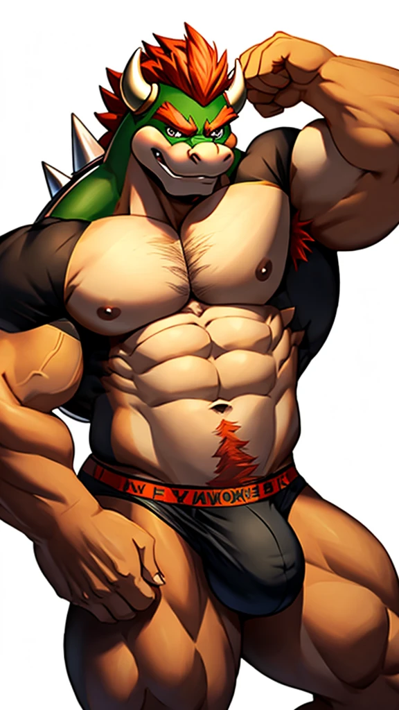 Bowser flexing his muscles wearing a black jockstrap massaging his bulge