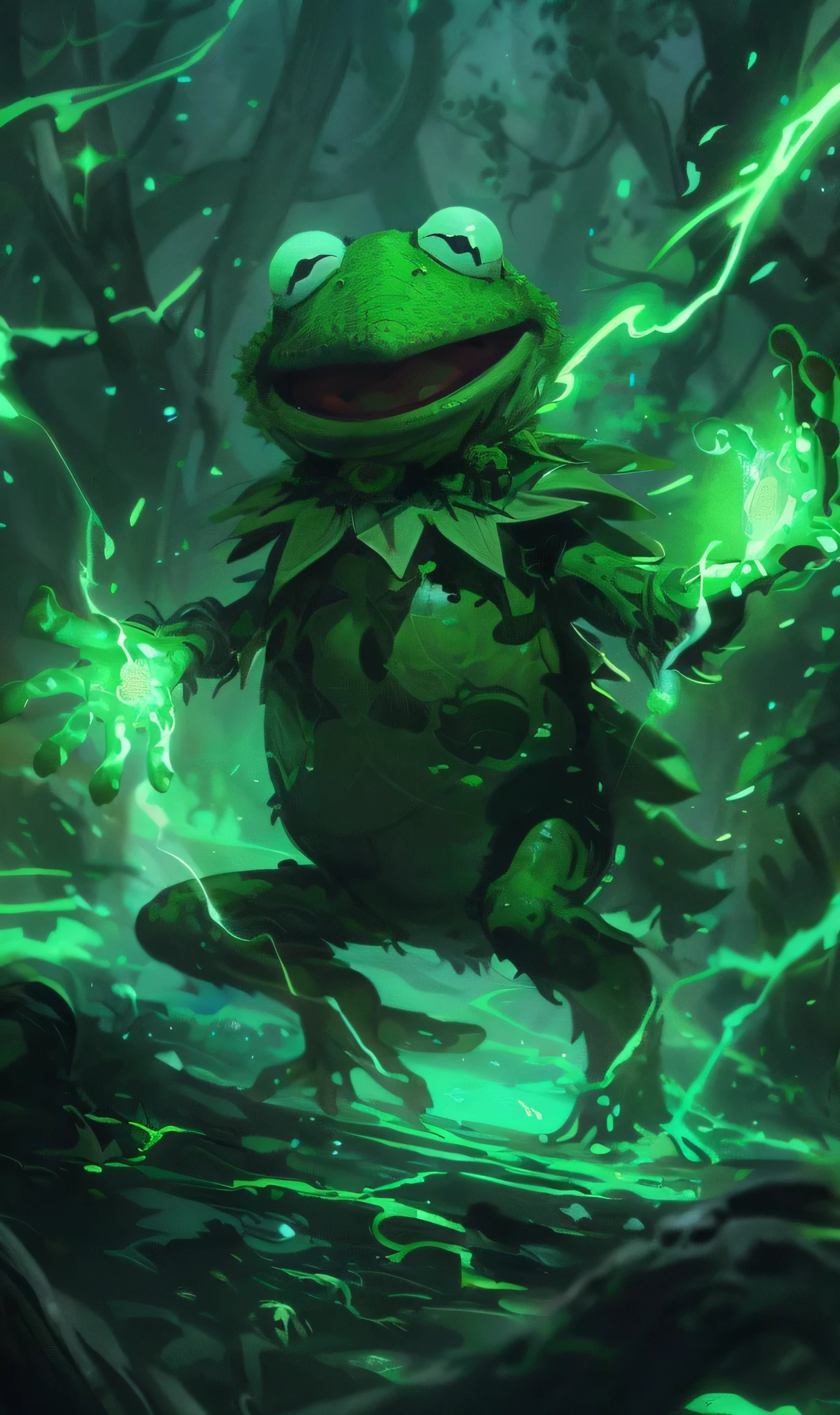 a detailed illustration of Kermit the Frog, 1 frog character, exquisite fantasy art style, digital art, vibrant colors, dramatic lighting, intricate details, ornate border, trading card design, magic the gathering, hyperrealistic, 8k, high quality, masterpiece