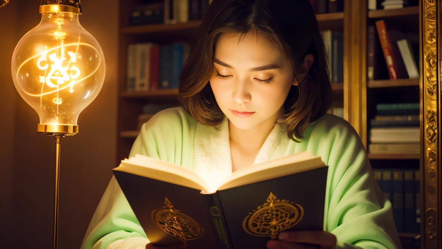 ((best quality)), ((masterpiece)), (detailed), A person reading a book with a glowing aura, surrounded by symbols of wisdom and enlightenment