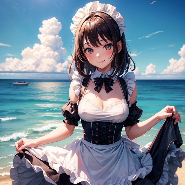 1 girl,Medium breasts,Looking at the audience, Smile, Sky,ocean, Swollen nipples,maid outfit.The top is transparent