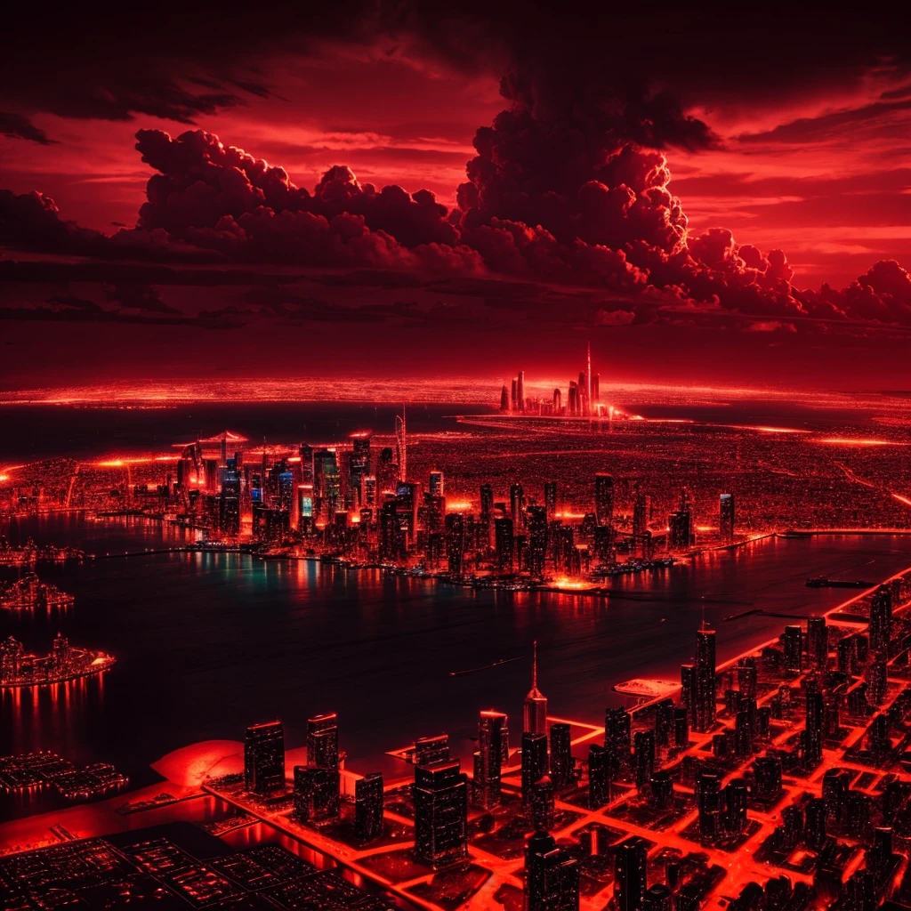 makes an image of a fantasy and futuristic city with red lighting but that looks like a city taken from paradise itself: use only red tones