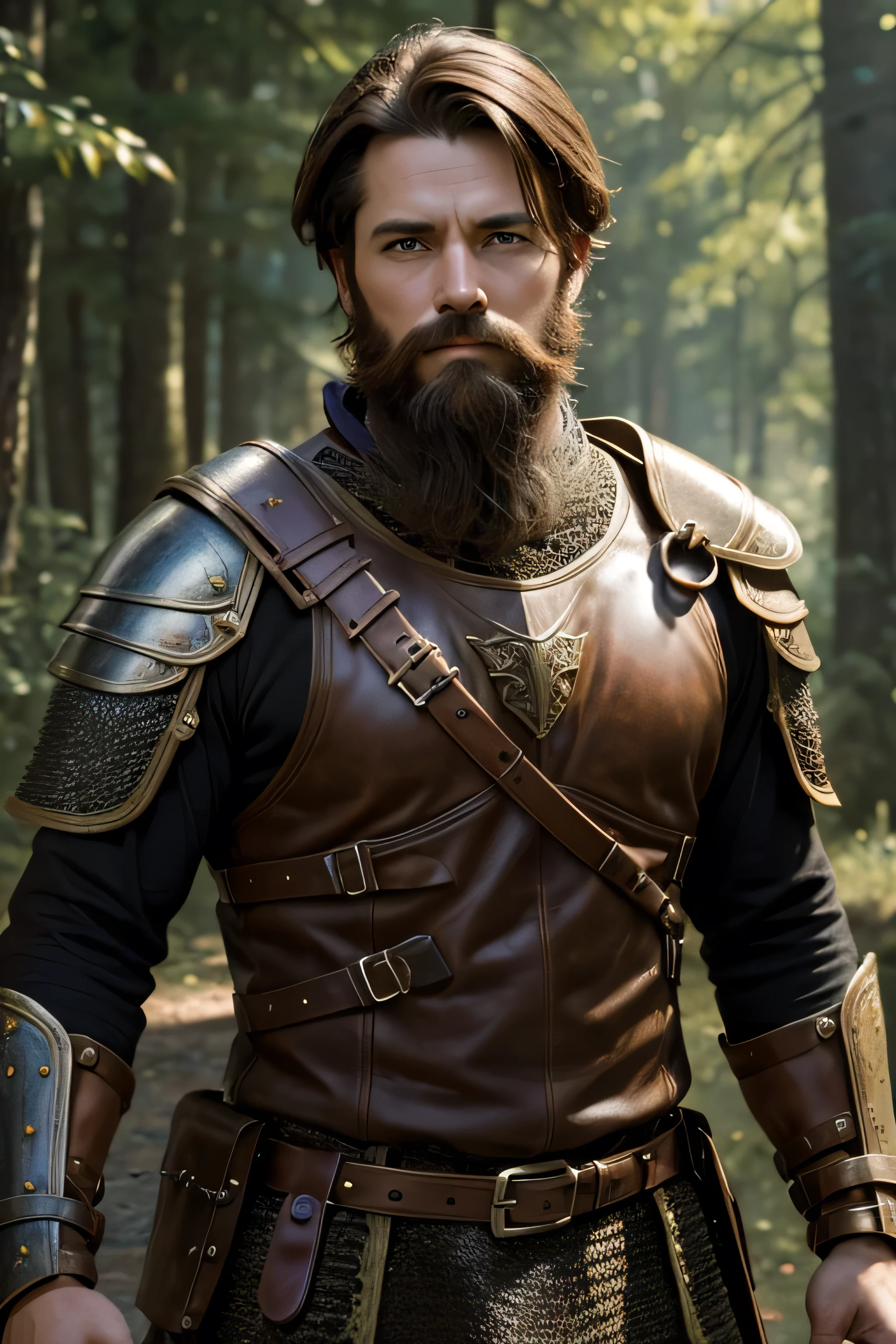 1 male medival ranger, brown hair, beard, ungly face, 35 years old, leatherarmor & chainmail, no shoulderpads, absurdres, high res, ultrasharp, 8K, masterpiece, the image should be of absurd resolution and high detail. It should be ultra-sharp and available in 8K resolution, representing a masterpiece in image quality.
