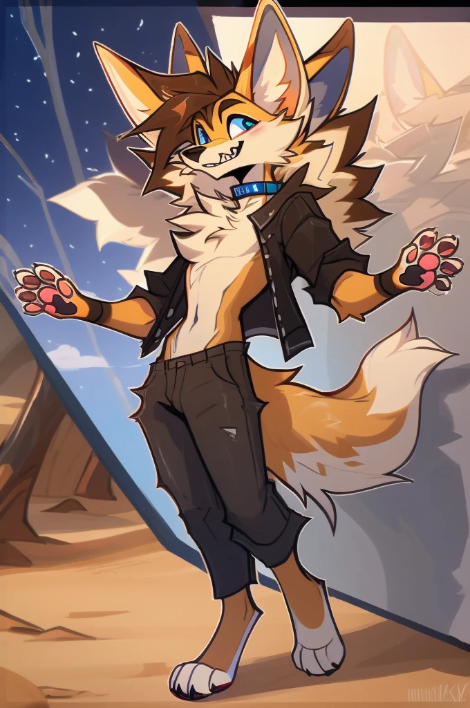 furry, anthro, fennec fox, fluffy pointed fennec fox ears, fluffy fennec fox tail, desert and white colored fur, messy fur, neck floof, fluffy mohawk, hair same colour as fur, sharp light blue eyes, razor sharp teeth, slim body, handsome, sexy, slender, tall, wearing a light blue dog collar, denim jacket and black shorts with a giant bulge, pawpads, pink pawpads, ((best quality, 4K, UHD, masterpiece)), posing playfully, 