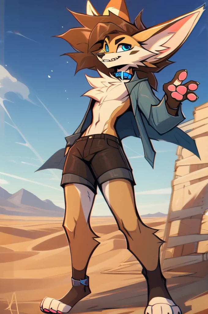 furry, anthro, fennec fox, fluffy pointed fennec fox ears, fluffy fennec fox tail, desert and white colored fur, messy fur, neck floof, fluffy mohawk, hair same colour as fur, sharp light blue eyes, razor sharp teeth, slim body, handsome, sexy, slender, tall, wearing a light blue dog collar, denim jacket and black shorts with a giant bulge, pawpads, pink pawpads, ((best quality, 4K, UHD, masterpiece)), posing playfully, 