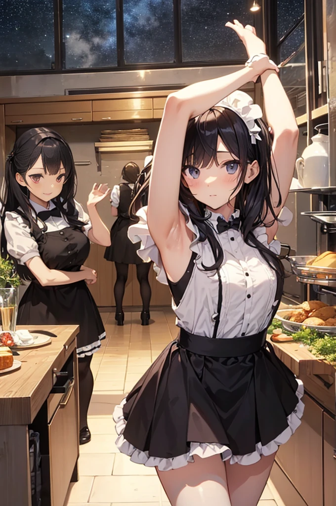 A group of maids, (in kitchen), various hair styles, harem, wearing maid uniform, night, details face, , short skirt, seducing, sleeveless , night, starry night, armpits 