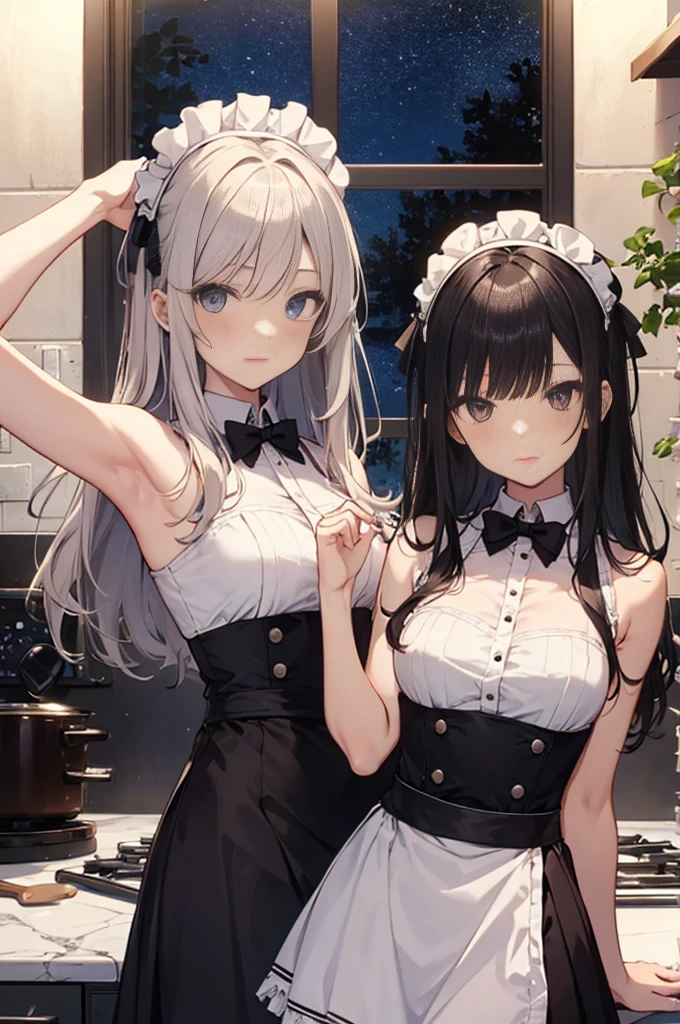 A group of maids, (in kitchen), various hair styles, harem, wearing maid uniform, night, details face, , short skirt, seducing, sleeveless , night, starry night, armpits