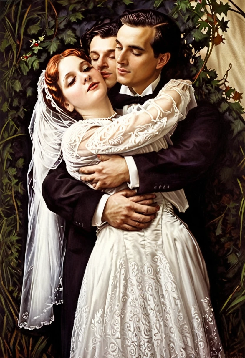 painting of a bride and groom embracing each other in a wedding portrait, inspired by Art Frahm, anna dittmann alberto vargas, bride and groom, boris vallejo and tom bagshaw, inspired by Roberto Ferri, couple portrait, by Tina Blondell, portrait of edward and bella, viktor deni, steve huston, inspired by Daniel Maclise, the lovers