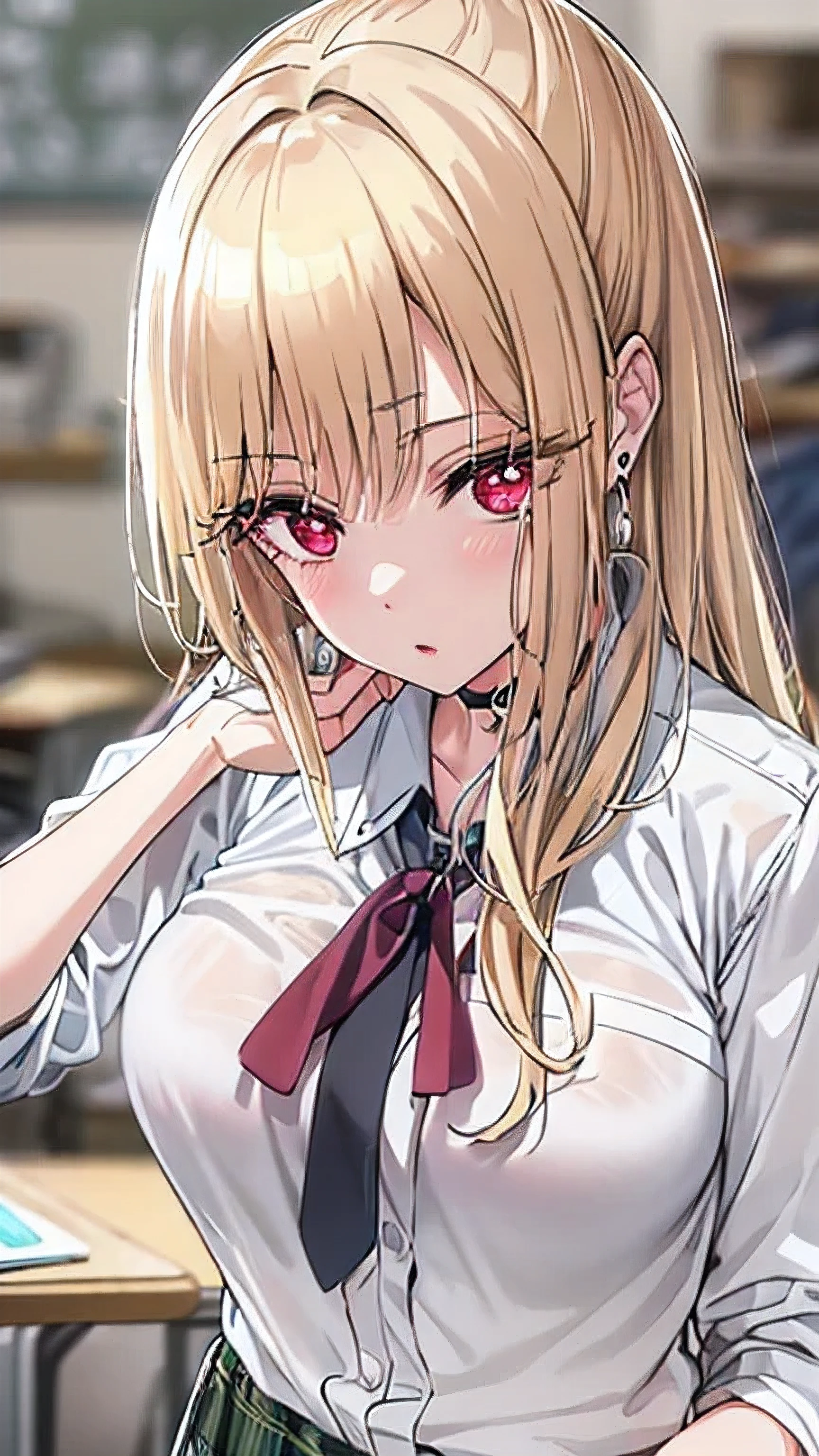 This passage, Marine Kitagawa, Blonde, choker, ear Earrings, Earrings, Long Hair, Earrings, (Red eyes:1.5), Straight hair, Swept-apart bangs,
break black necktie, Long sleeve, pleated skirt, , shirt, skirt, Rolled up my sleeves, white shirt,
break indoors, classroom,
break looking at viewer, break (masterpiece:1.2), Highest quality, High resolution, unity 8k wallpaper, (figure:0.8), (Beautiful attention to detail:1.6), Highly detailed face, Perfect lighting, Highly detailed CG, (Perfect hands, Perfect Anatomy),