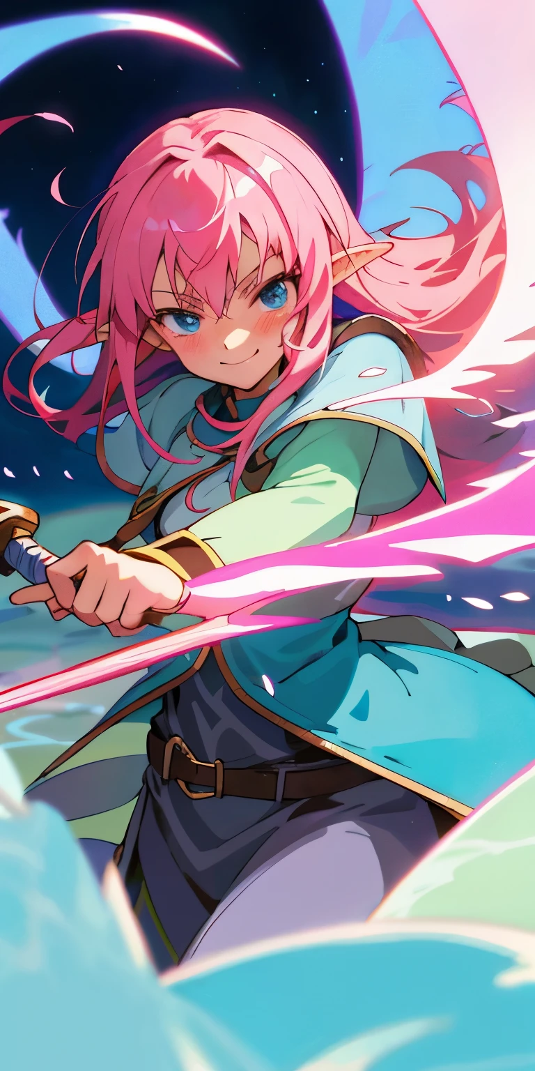 Very detailed illustration of a bladesinger, elf woman, long dark-pink hair, smirk, blue eyes, blushed, zoomed, detailed colorful port environment, wielding rapier, thin sword, fairy wings, pixie wings, whimsical, tetradic colors, cartoon, goblin slayer style, dungeons and dragons, MSchiffer, fairytale, fantasy, cartoonish vector, anime, manga, vibrant, soft pastel colors, (cel-shaded) flat coloring