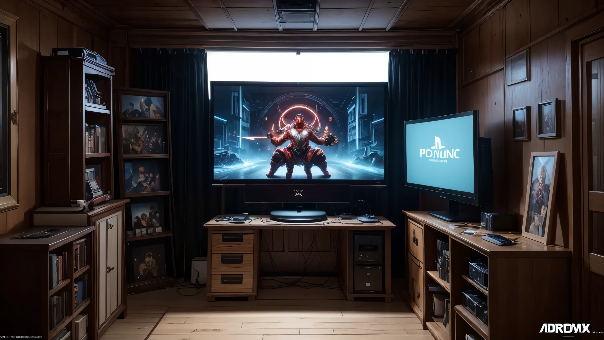 front view of a gloomy room that looks like a professional gamer workshop bench, There are no chairs or sofas in the room. The red light on one of the walls of the room with three fluorescent lamps protected by a lattice box is the clear bluish light on the other side of the walls, illuminate . Various frames, and a vertical frame, from classic game posters to fan-made art, adornam as paredes, telling stories of heroes and villains. In the corner of the room, a robust benches form a "L", ready to receive your equipment, PCs with multiple 32-inch widescreens dominate the scene, boasting powerful graphics cards with rgb lighting and impeccable settings. . On a shelf next to, an enviable collection of games and video game consoles. From Atari classics to PlayStation 5 and Xbox Series Xs, you will find titles for all tastes and styles.