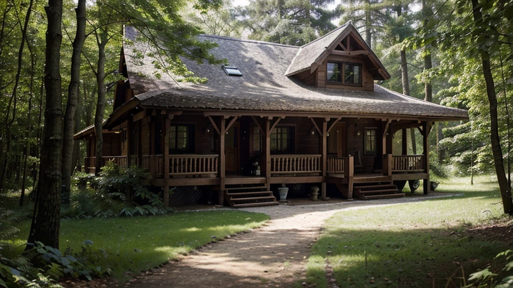 beautiful house on a forest path, cabana in the forest, cottage, Wood house, house in the florest, Lush Environment, cabana in the woods, cabine, peaceful wooden mansion, outer, tranquil atmosphere