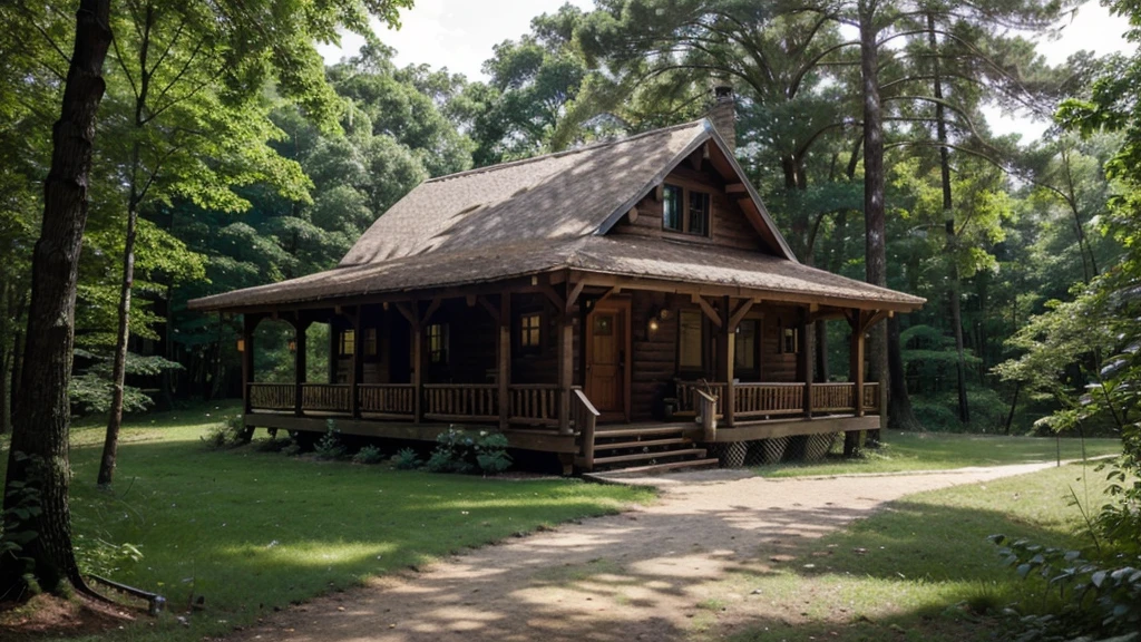 beautiful house on a forest path, cabana in the forest, cottage, Wood house, house in the florest, Lush Environment, cabana in the woods, cabine, peaceful wooden mansion, outer, tranquil atmosphere