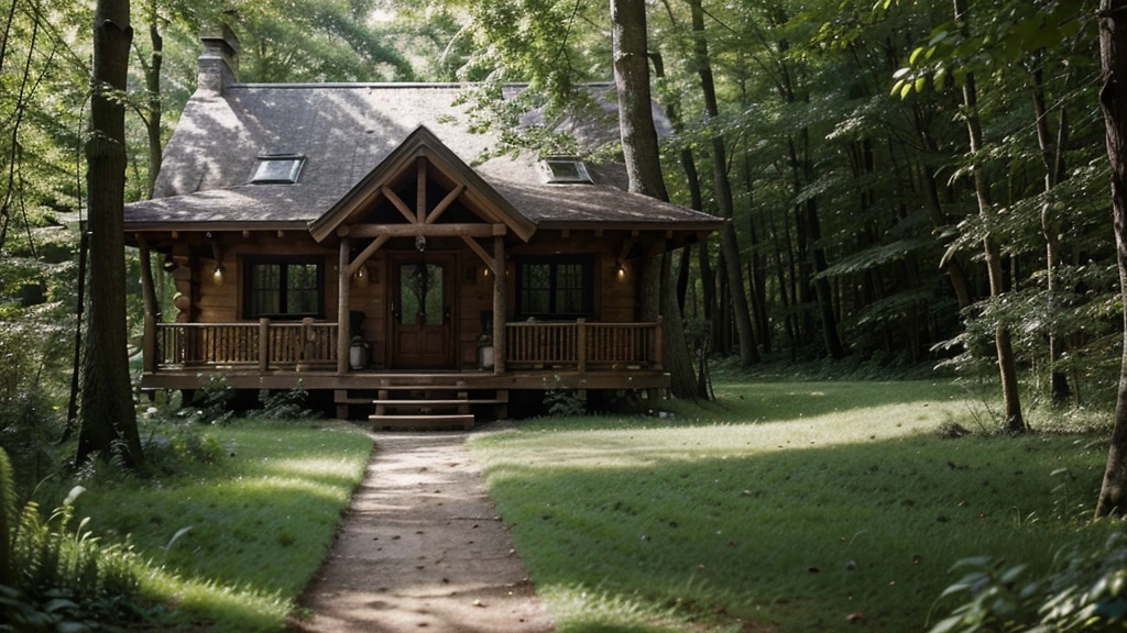 beautiful house on a forest path, cabana in the forest, cottage, Wood house, house in the florest, Lush Environment, cabana in the woods, cabine, peaceful wooden mansion, outer, tranquil atmosphere