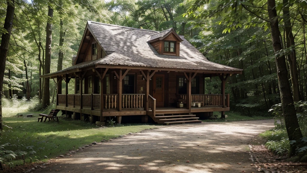 beautiful house on a forest path, cabana in the forest, cottage, Wood house, house in the florest, Lush Environment, cabana in the woods, cabine, peaceful wooden mansion, outer, tranquil atmosphere