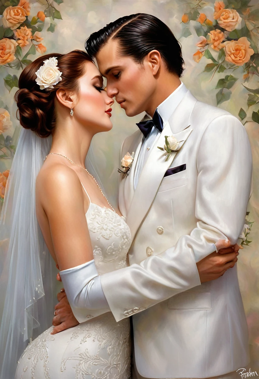 painting of a bride and groom embracing each other in a wedding portrait, an airbrush painting inspired by Art Frahm, tumblr, romanticism, anna dittmann alberto vargas, bride and groom, boris vallejo and tom bagshaw, couple portrait, portrait of edward and bella, viktor deni, steve huston, the lovers, in style of steve henderson