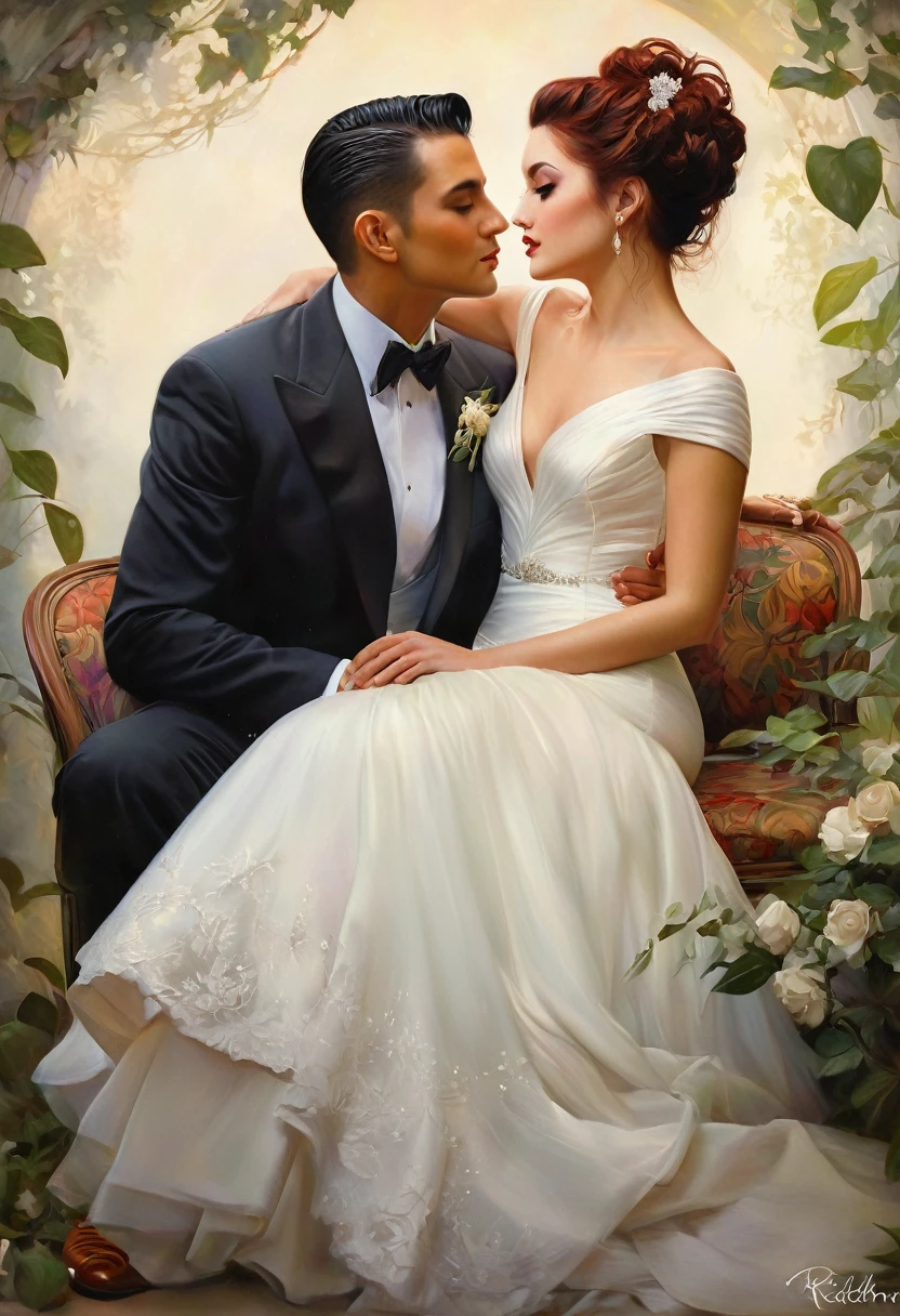 painting of a bride and groom embracing each other in a wedding portrait, an airbrush painting inspired by Art Frahm, tumblr, romanticism, anna dittmann alberto vargas, bride and groom, boris vallejo and tom bagshaw, couple portrait, portrait of edward and bella, viktor deni, steve huston, the lovers, in style of steve henderson