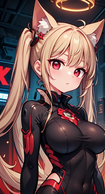 Excellent,work of art,centred, high resolution,highest quallity,hiper HD,very detailled,awardwinning,16K,standing alone,(trunk),anatomical correct,Cute cyberpunk girl,upper body photos、cute face,,blond、long hair、twin tails、braid, thin line,((scarlet eyes)),long eyelashes,drooping eyelids,Caucasian skin,((shoot head on:1.5)), ((skintight:1.5)), Top of the clock、rocket ship , (breasts big),