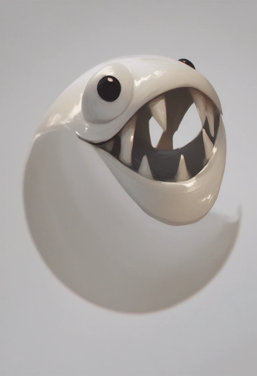 bubble, solo, simple background, white background, grey background, no humans, still life, black eyes, sharp teeth, circle, creature