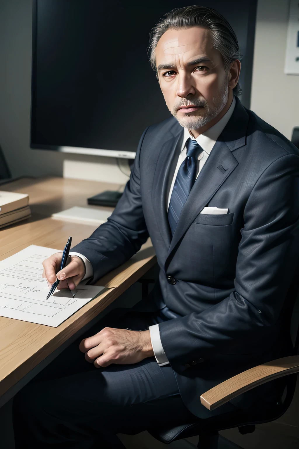 create a man who is a lawyer, wearing an elegant suit, in navy blue, approximately 54 years old, white, brown eyes, little hair, slight facial features with a large forehead, gray hair, a large face with 105 km, sitting at a work table, with pen in hand signing documents, looking straight ahead, at his work desk, chiaroscuro, sparkle, motion lines, silhouette, speed lines, super detail, high quality, 8k