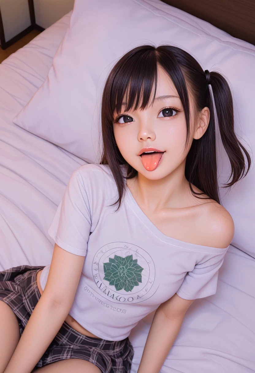 ollarbone,pastel colors t-shirt,off-shoulder look,bare shoulder,midriff peek,micro shorts,open mouth,(tongue out:2),lying,Selfie,looking ahead,from above,front view,cowboy shot,(1girl,Beautiful  girl),((Slender,Small breasts,Small face,)),looking at viewer,Black Hair,bangs,one side up,Beautiful and detailed,Mischievous smile,Dimly lit room,Simple Background,bed,pillow,best quality
