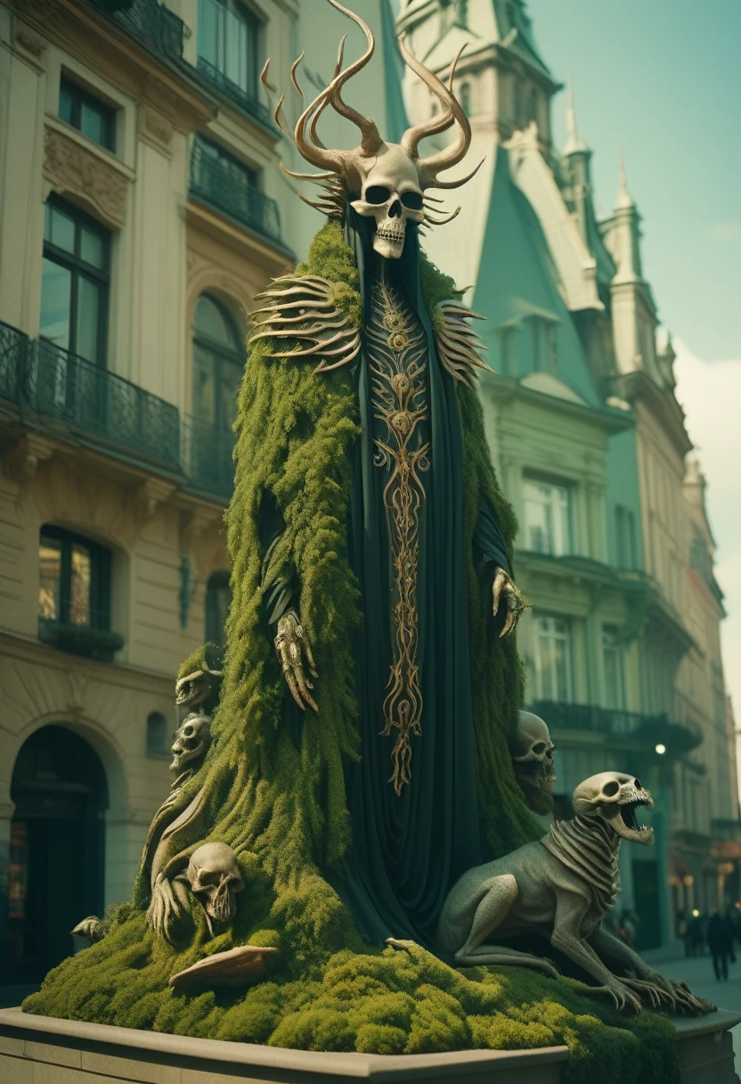 Fashion, Weird death creatures stand on top of a fantasy city, Designed by Peter Mohrbacher, Shot in a photojournalistic style using Kodak Ektar 100 film. The man's decaying and elegant body is complicated by, Ragged clothes, Exudes a creepy exquisiteness. Its hollow, Unforgettable gaze across a vast cityscape of soaring spires and ethereal buildings, With hexagonal windows and rainbow-colored details. Medium shot, Shot with Sony A7R IV and anamorphic lens, Shows the majestic momentum of a man against a fantasy city background, Bathed in natural light. on site, Styled after the nostalgic and evocative photography of Helmut Newton, A fusion of the grotesque and the beautiful, Capturing unforgettable moments of elegance in otherworldly settings.