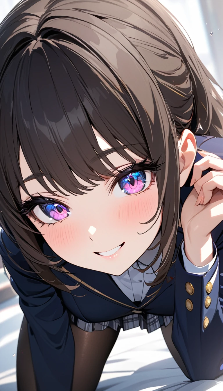 ((最high quality, 8K, masterpiece)), High resolution、(high quality: 1.5)、Very detailed、Detailed face、Bright colors、Natural light、Fine grain、Colorful eyes、Beautiful Face、非常にDetailed faceのテクスチャの女性,masterpiece, 最high quality, Detailed and beautiful eyes,最high quality、Best image quality、masterpiece、One person,high school girl,(eyelash:1.3), (eye shadow:1.3), (Beautiful attention to detail:1.4) ,A nice face,smile,(black tights), (Black Pantyhose), (Crouching pose),Blazer Uniform, Checkered Pleated Skirt,so beautiful、High resolution,