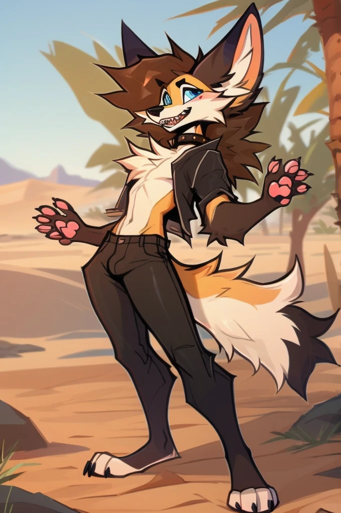 furry, anthro, fennec fox, fluffy pointed fennec fox ears, fluffy fennec fox tail, desert and white colored fur, messy fur, neck floof, fluffy mohawk, hair same colour as fur, sharp light blue eyes, razor sharp teeth, slim body, handsome, sexy, slender, tall, wearing a black dog collar, denim jacket and black shorts with a giant bulge, pawpads, pink pawpads, ((best quality, 4K, UHD, masterpiece)), posing playfully, 