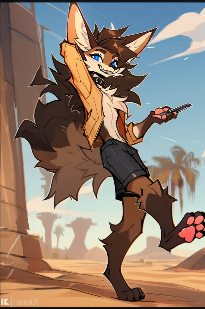 furry, anthro, fennec fox, fluffy pointed fennec fox ears, fluffy fennec fox tail, desert and white colored fur, messy fur, neck floof, fluffy mohawk, hair same colour as fur, sharp light blue eyes, razor sharp teeth, slim body, handsome, sexy, slender, tall, wearing a black dog collar, denim jacket and black shorts with a giant bulge, pawpads, pink pawpads, ((best quality, 4K, UHD, masterpiece)), posing playfully, 